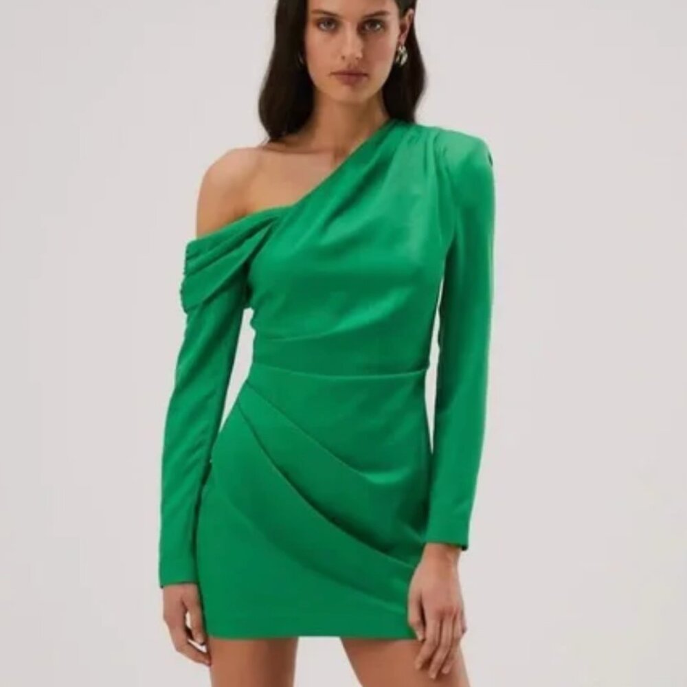 MISHA mini dress - Cormac one-shoulder satin minidress in green - size XL